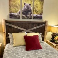 Customized River Rustic Gated Homestead Barnwood Bed, Shown with Weathered Gray Finish on "X" accents.