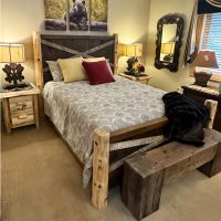 Customized River Rustic Gated Homestead Barnwood Bed, Shown with Weathered Gray Finish on "X" accents.