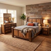 Hickory Rustic Bed: Some lifestyle images are created with AI for visualization purposes. Crafted from natural solid wood, each piece is unique and will vary.