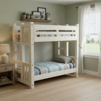 Farmhouse Bunk Bed: Some lifestyle images are created with AI for visualization purposes. Crafted from natural solid wood, each piece is unique and will vary.