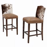 Cowhide Bristol Bar Stools - Bomber Jacket Leather Upholstery w/ Cowhide Backrest