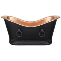 67" Hammered Copper Double Slipper Bathtub with Rings in Glazed Black with Polished Copper Interior