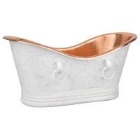67" Hammered Copper Double Slipper Bathtub with Rings in Glazed White, with Polished Copper Interior