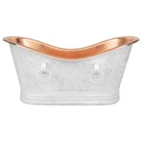 67" Hammered Copper Double Slipper Bathtub with Rings in Glazed White, with Polished Copper Interior
