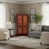 Copper Corner Cabinet: Some lifestyle images are created with AI for visualization purposes. Crafted from natural solid wood, each piece is unique and will vary.