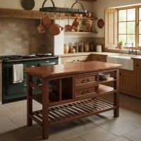 Rustic Kitchen Island: Some lifestyle images are created with AI for visualization purposes. Crafted from natural solid wood, each piece is unique and will vary.