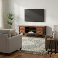 Copper TV Stand: Some lifestyle images are created with AI for visualization purposes. Crafted from natural solid wood, each piece is unique and will vary.
