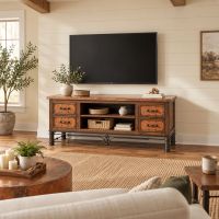 Copper TV Stand: Some lifestyle images are created with AI for visualization purposes. Crafted from natural solid wood, each piece is unique and will vary.