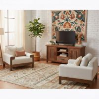 Barnwood TV Stand: Some lifestyle images are created with AI for visualization purposes. Crafted from natural solid wood, each piece is unique and will vary.