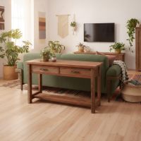 Barn Wood Sofa Table: Some lifestyle images are created with AI for visualization purposes. Crafted from natural solid wood, each piece is unique and will vary.