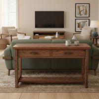 Barn Wood Sofa Table: Some lifestyle images are created with AI for visualization purposes. Crafted from natural solid wood, each piece is unique and will vary.