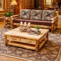 Aspen Log Sofa: Some lifestyle images are created with AI for visualization purposes. Crafted from natural solid wood, each piece is unique and will vary.