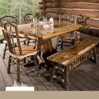 Hickory Log Farm Bench in 48" shown with Hickory Wagon Wheel Chairs and Hickory Stump Table