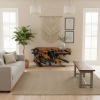 Teak Root Furniture: Some lifestyle images are created with AI for visualization purposes. Crafted from natural solid wood, each piece is unique and will vary.