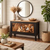 Sculptural Wood Console: Some lifestyle images are created with AI for visualization purposes. Crafted from natural solid wood, each piece is unique and will vary.