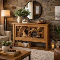 Rustic Entryway Table: Some lifestyle images are created with AI for visualization purposes. Crafted from natural solid wood, each piece is unique and will vary.