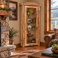 Log Display Cabinet: Some lifestyle images are created with AI for visualization purposes. Crafted from natural solid wood, each piece is unique and will vary.