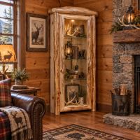 Log Display Cabinet: Some lifestyle images are created with AI for visualization purposes. Crafted from natural solid wood, each piece is unique and will vary.