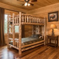 Cabin Style Cedar Log Bunk Bed: Some lifestyle images are created with AI for visualization purposes. Crafted from natural solid wood, each piece is unique and will vary.