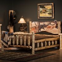 Hand Carved Panel Cedar Spindle Bed w/ Double Spindled Log Side Rails