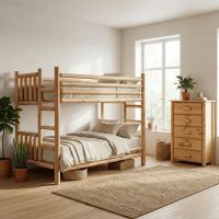 Log Bunk Bed: Some lifestyle images are created with AI for visualization purposes. Crafted from natural solid wood, each piece is unique and will vary.
