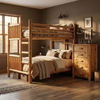 Rustic Bunk Bed: Some lifestyle images are created with AI for visualization purposes. Crafted from natural solid wood, each piece is unique and will vary.