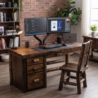 Rustic Cedar Desk: Some lifestyle images are created with AI for visualization purposes. Crafted from natural solid wood, each piece is unique and will vary.