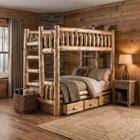 Bunk Bed with Storage: Some lifestyle images are created with AI for visualization purposes. Crafted from natural solid wood, each piece is unique and will vary.
