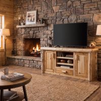 Cedar Log TV Stand: Some lifestyle images are created with AI for visualization purposes. Crafted from natural solid wood, each piece is unique and will vary.