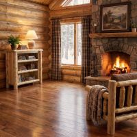 Rustic Cedar Media Console: Some lifestyle images are created with AI for visualization purposes. Crafted from natural solid wood, each piece is unique and will vary.