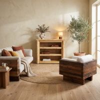 Rustic Cedar Media Console: Some lifestyle images are created with AI for visualization purposes. Crafted from natural solid wood, each piece is unique and will vary.