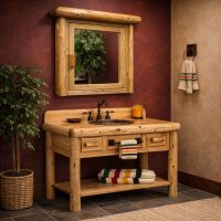 Log Vanity: Some lifestyle images are created with AI for visualization purposes. Crafted from natural solid wood, each piece is unique and will vary.
