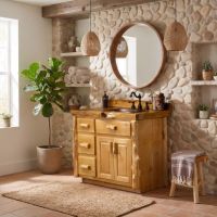 Log Vanity: Some lifestyle images are created with AI for visualization purposes. Crafted from natural solid wood, each piece is unique and will vary.