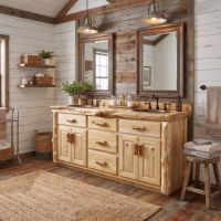 Rustic Vanity: Some lifestyle images are created with AI for visualization purposes. Crafted from natural solid wood, each piece is unique and will vary.