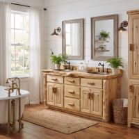 Rustic Vanity: Some lifestyle images are created with AI for visualization purposes. Crafted from natural solid wood, each piece is unique and will vary.
