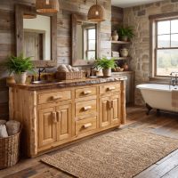 Rustic Vanity: Some lifestyle images are created with AI for visualization purposes. Crafted from natural solid wood, each piece is unique and will vary.