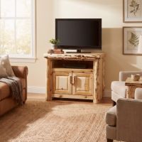 Cedar Log TV Stand: Some lifestyle images are created with AI for visualization purposes. Crafted from natural solid wood, each piece is unique and will vary.