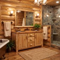 Rustic Log Vanity: Some lifestyle images are created with AI for visualization purposes. Crafted from natural solid wood, each piece is unique and will vary.