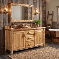 Rustic Log Vanity: Some lifestyle images are created with AI for visualization purposes. Crafted from natural solid wood, each piece is unique and will vary.