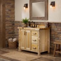 Rustic Cedar Log Vanity: Some lifestyle images are created with AI for visualization purposes. Crafted from natural solid wood, each piece is unique and will vary.