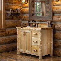 Rustic Cedar Log Vanity: Some lifestyle images are created with AI for visualization purposes. Crafted from natural solid wood, each piece is unique and will vary.