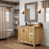 Rustic Cedar Log Vanity: Some lifestyle images are created with AI for visualization purposes. Crafted from natural solid wood, each piece is unique and will vary.