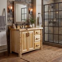 Rustic Cedar Log Vanity: Some lifestyle images are created with AI for visualization purposes. Crafted from natural solid wood, each piece is unique and will vary.
