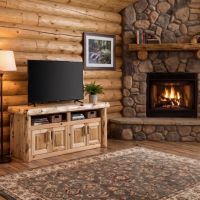 Cedar Log TV Stand: Some lifestyle images are created with AI for visualization purposes. Crafted from natural solid wood, each piece is unique and will vary.