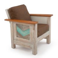 Coastal Chevron Barnwood Lounge Chair - Brown Genuine Leather Cushions