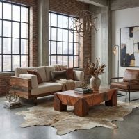 Industrial Copper Coffee Table: Some lifestyle images are created with AI for visualization purposes. Crafted from natural solid wood, each piece is unique and will vary.