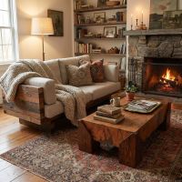 Modern Copper Coffee Table: Some lifestyle images are created with AI for visualization purposes. Crafted from natural solid wood, each piece is unique and will vary.