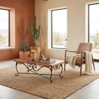 Southwestern Copper Coffee Table: Some lifestyle images are created with AI for visualization purposes. Crafted from natural solid wood, each piece is unique and will vary.