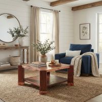 Contemporary Copper Table: Some lifestyle images are created with AI for visualization purposes. Crafted from natural solid wood, each piece is unique and will vary.