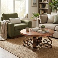 Copper Coffee Table: Some lifestyle images are created with AI for visualization purposes. Crafted from natural solid wood, each piece is unique and will vary.
